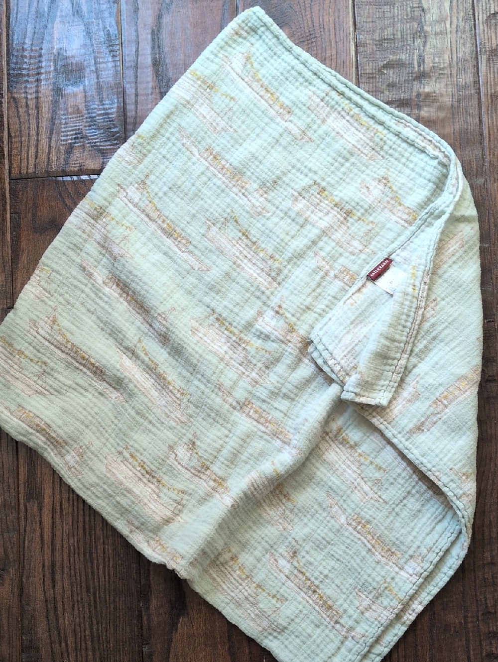 MILKBARN I Mint Green Bamboo Muslin Ship Boats Pattern Swaddle Blanket - Picture 2 of 11